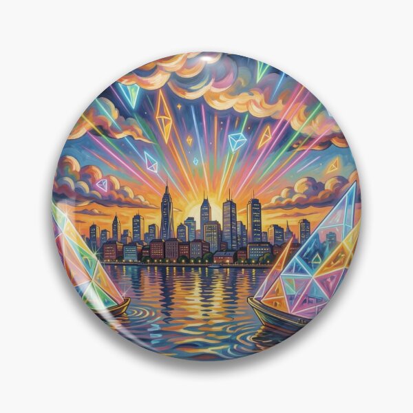 Item preview, Prismatic light scenes over the city – futuristic sailboats in the neon-colored evening sky designed and sold by FotoworldEdel.
