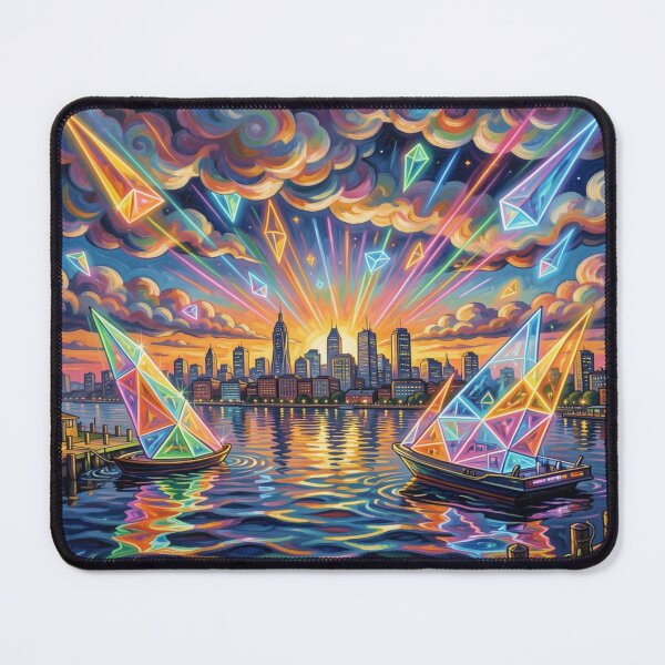 Item preview, Prismatic light scenes over the city – futuristic sailboats in the neon-colored evening sky designed and sold by FotoworldEdel.