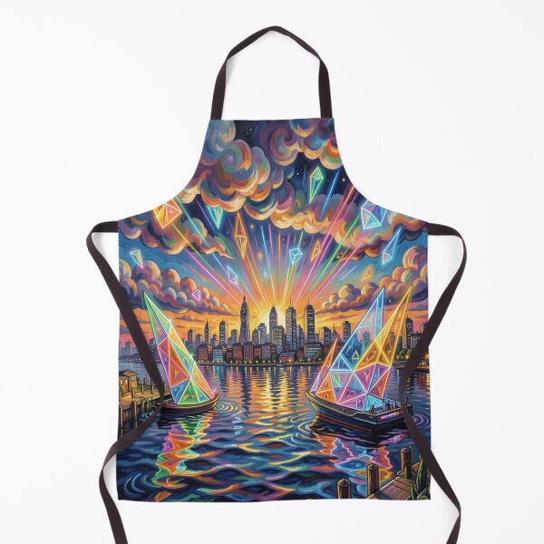 Item preview, Prismatic light scenes over the city – futuristic sailboats in the neon-colored evening sky designed and sold by FotoworldEdel.
