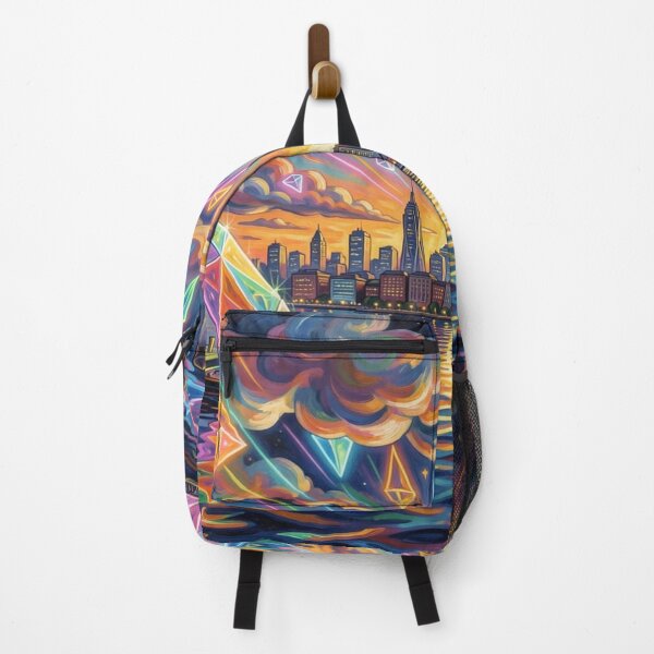 Item preview, Prismatic light scenes over the city – futuristic sailboats in the neon-colored evening sky designed and sold by FotoworldEdel.