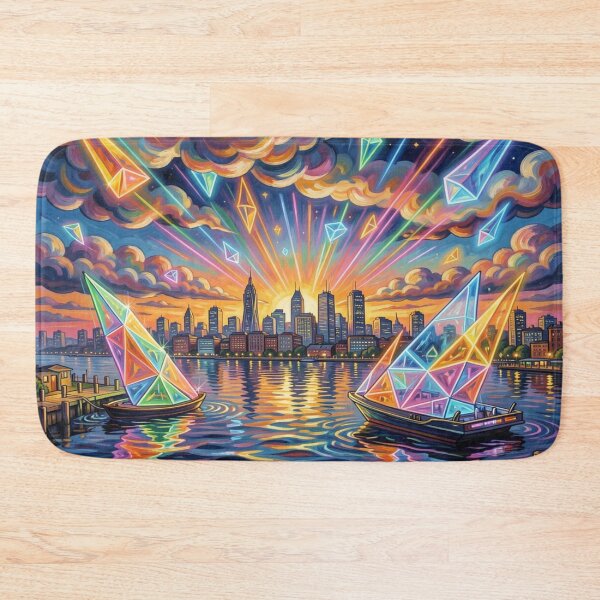 Item preview, Prismatic light scenes over the city – futuristic sailboats in the neon-colored evening sky designed and sold by FotoworldEdel.