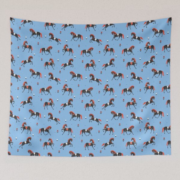 Item preview, stylized black horses on a blue background designed and sold by burbura.