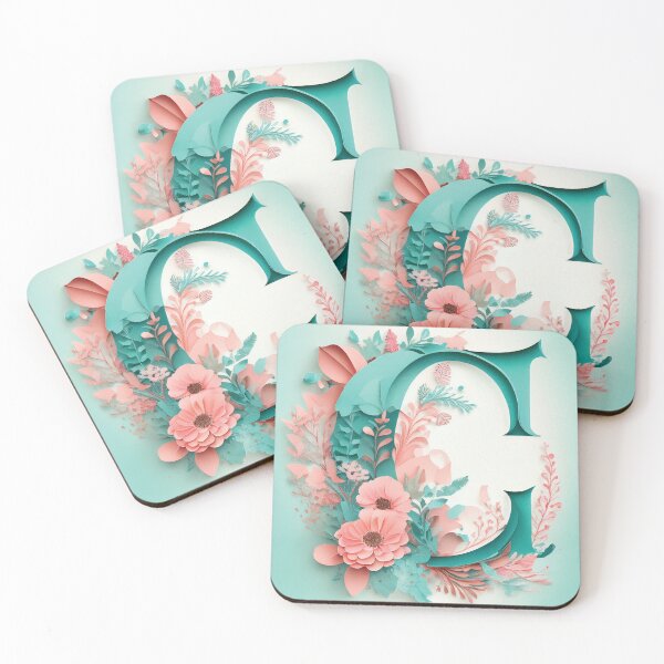 Item preview, Letter C initial, pink and teal monogram floral botanicals watercolor painting abstract style, flowers and leaves, neutral pastel colors designed and sold by navitalidesign.