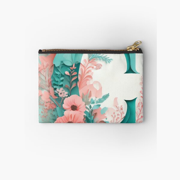 Item preview, Letter C initial, pink and teal monogram floral botanicals watercolor painting abstract style, flowers and leaves, neutral pastel colors designed and sold by navitalidesign.