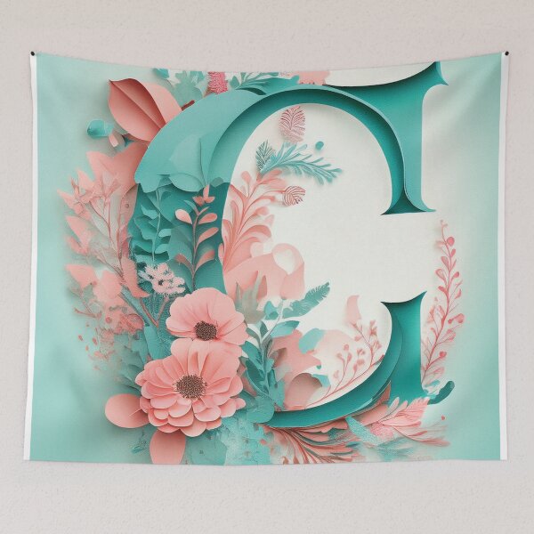 Item preview, Letter C initial, pink and teal monogram floral botanicals watercolor painting abstract style, flowers and leaves, neutral pastel colors designed and sold by navitalidesign.