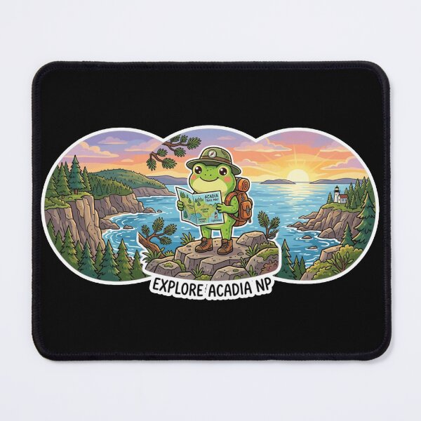 Item preview, Cute Frog Tourist in Acadia National Park – Cute Travel Cartoon Art designed and sold by ArtsyExplorer.