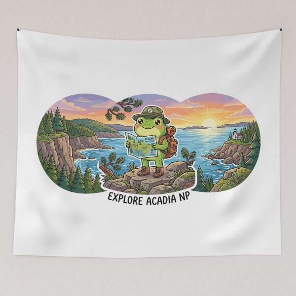 Item preview, Cute Frog Tourist in Acadia National Park – Cute Travel Cartoon Art   designed and sold by ArtsyExplorer.
