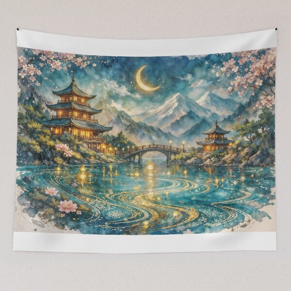 Item preview,  Turquoise and Gold Japanese Landscape designed and sold by sigmaartstudio.
