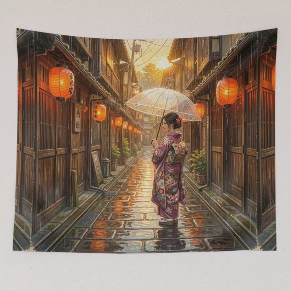 Item preview, Rainy Evening Nostalgia - Traditional Asian Street and Kimono Art designed and sold by myforestfog.