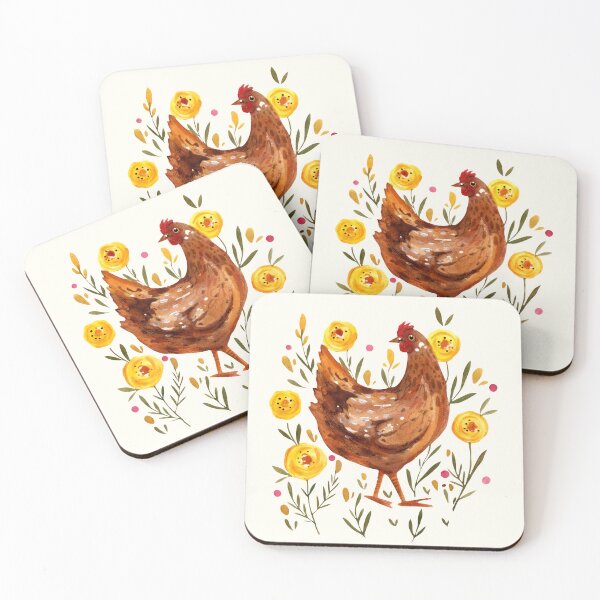 Item preview, Watercolor Brown Chicken and Yellow Flowers Illustration designed and sold by GarimaSDesign.
