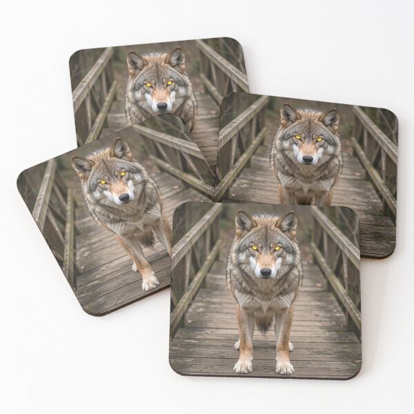 Item preview, Golden Eyed Wolf - Majestic Lone Alpha on Wooden Forest Bridge designed and sold by myforestfog.