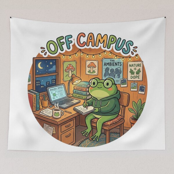 Item preview, OFF CAMPUS Frog – Cozy College Student Cartoon Aesthetic designed and sold by ArtsyExplorer.