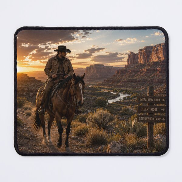 Item preview, Cowboy Riding Through Desert Canyon – Western Sunset Country Art designed and sold by QuarterHorseArt by Just my Studio.