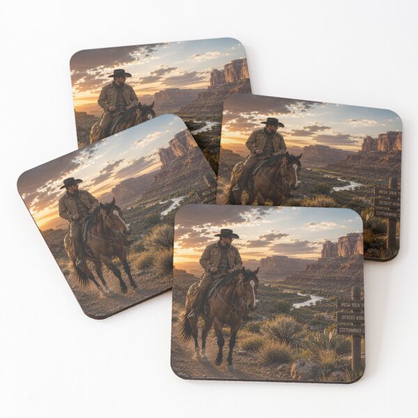Item preview, Cowboy Riding Through Desert Canyon – Western Sunset Country Art designed and sold by  QuarterHorseArt by Just my Studio.