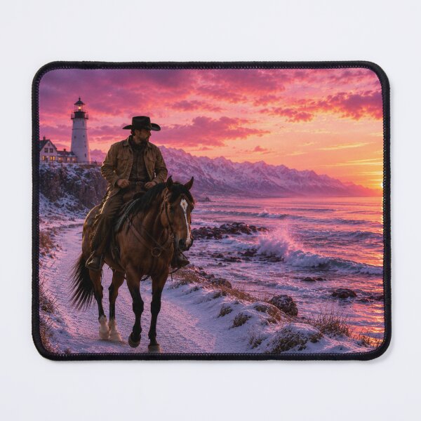 Item preview, Cowboy Riding Along Winter Coast – Western Sunset Ocean Art designed and sold by  QuarterHorseArt by Just my Studio.