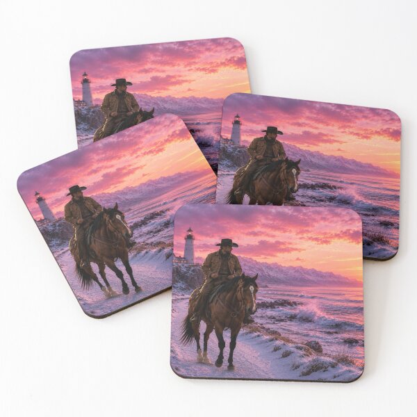 Item preview, Cowboy Riding Along Winter Coast – Western Sunset Ocean Art designed and sold by  QuarterHorseArt by Just my Studio.