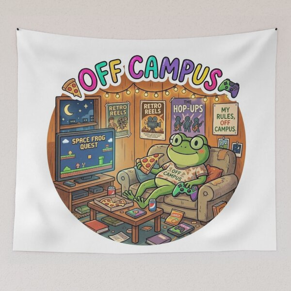 Item preview, OFF CAMPUS Couch Frog – Cozy Student Apartment Cartoon Art designed and sold by ArtsyExplorer.