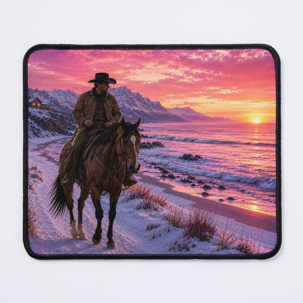 Item preview, Cowboy Riding Along Snowy Beach – Western Coastal Sunset Art designed and sold by QuarterHorseArt by Just my Studio.
