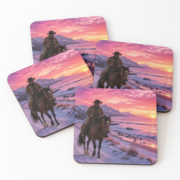 Item preview, Cowboy Riding Along Snowy Beach – Western Coastal Sunset Art designed and sold by  QuarterHorseArt by Just my Studio.