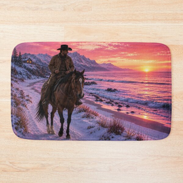 Item preview, Cowboy Riding Along Snowy Beach – Western Coastal Sunset Art designed and sold by  QuarterHorseArt by Just my Studio.