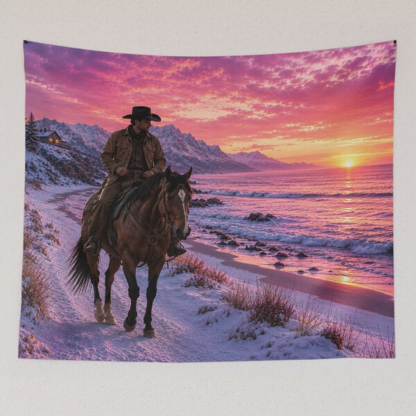 Item preview, Cowboy Riding Along Snowy Beach – Western Coastal Sunset Art designed and sold by  QuarterHorseArt by Just my Studio.