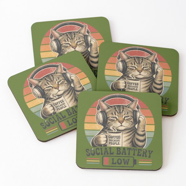 Item preview, Copy of Social Battery Low Cat with Coffee and Headphones Vintage Retro Funny Introvert Gift designed and sold by Zenvique Art.