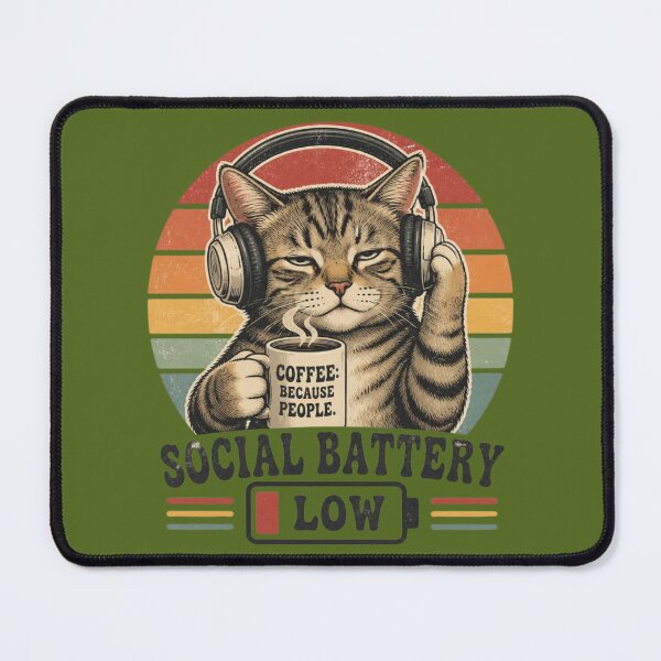 Item preview, Copy of Social Battery Low Cat with Coffee and Headphones Vintage Retro Funny Introvert Gift designed and sold by Zenvique Art.