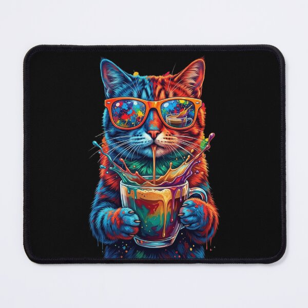 Item preview, Neon Rainbow Cat Drinking Coffee – Vibrant Pop Art Cat Design designed and sold by ArtsBorn2Create.