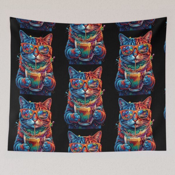 Item preview, Neon Rainbow Cat Drinking Coffee – Vibrant Pop Art Cat Design designed and sold by ArtsBorn2Create.