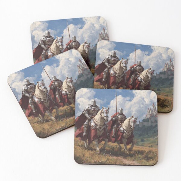 Item preview, Crusader Knights Templar on Horses Dragon Mountains Castle Illustration designed and sold by GrinGalore.