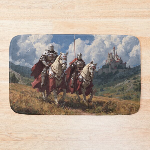 Item preview, Crusader Knights Templar on Horses Dragon Mountains Castle Illustration designed and sold by GrinGalore.