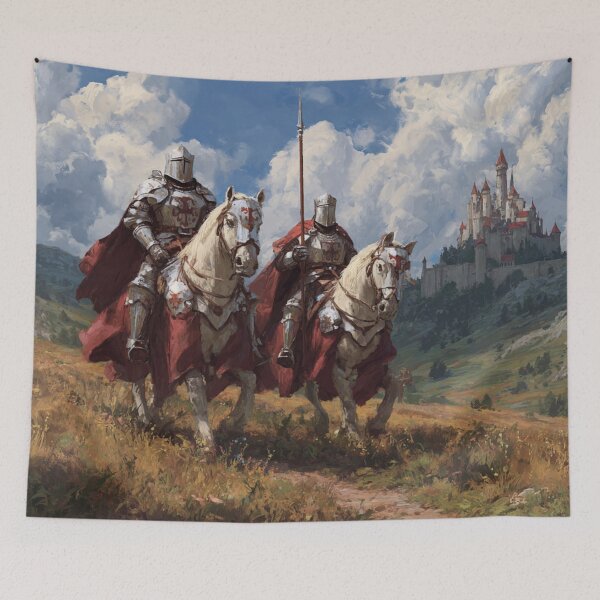Item preview, Crusader Knights Templar on Horses Dragon Mountains Castle Illustration designed and sold by GrinGalore.