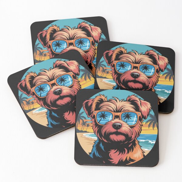 Item preview, yorkie dog wearing retro orange-tinted sunglasses with blue lenses that reflect a tropical beach scene. designed and sold by 123ks.