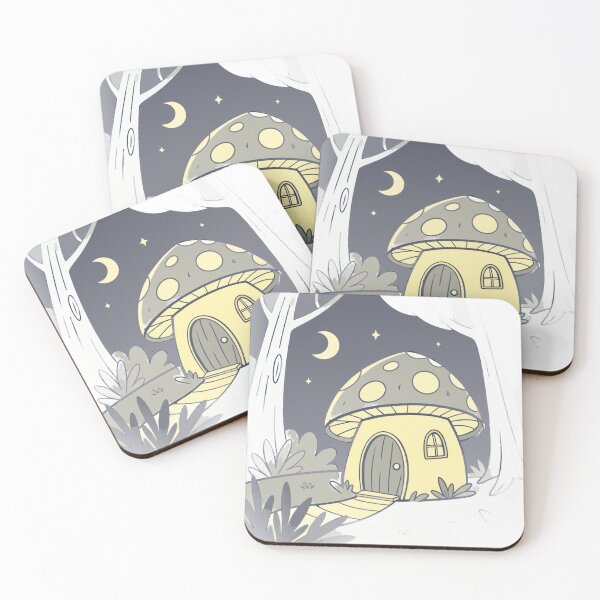 Item preview, tiny mushroom house glowing at night in enchanted forest, fantasy cozy vibe designed and sold by Senglaopattern.