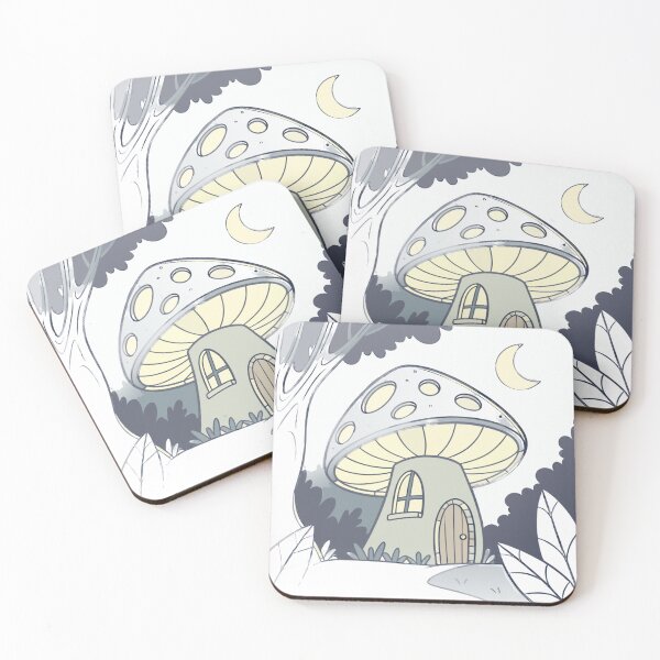 Item preview, tiny mushroom house glowing at night in enchanted forest, fantasy cozy vibe designed and sold by Senglaopattern.