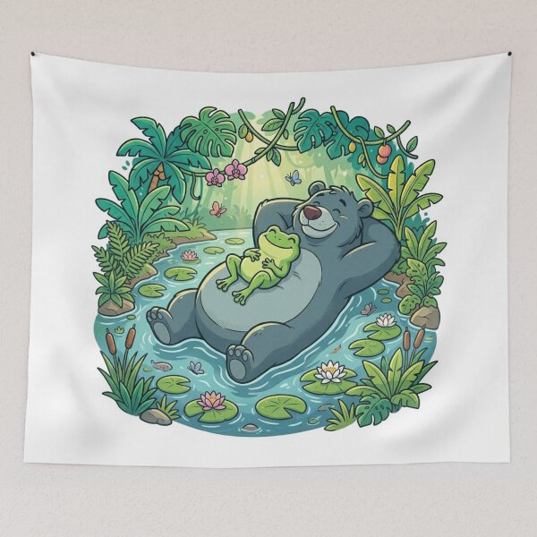 Item preview, Jungle River Frog & Bear – Cozy Tropical Adventure Cartoon Art designed and sold by ArtsyExplorer.