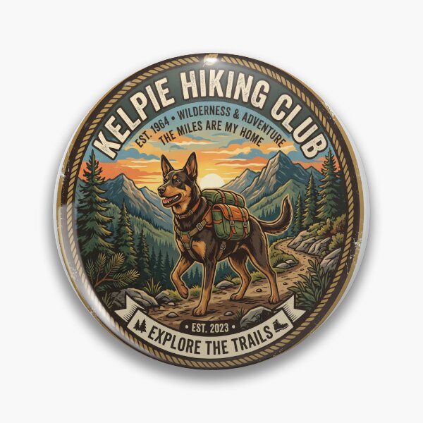 Item preview, Kelpie Hiking Club Retro Adventure Dog Mountain Trails Badge Design designed and sold by Globalcitytees.