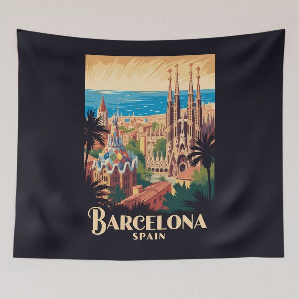 Item preview, Barcelona Spain Skyline Illustration Travel Art Vintage designed and sold by KrisSidDesigns.