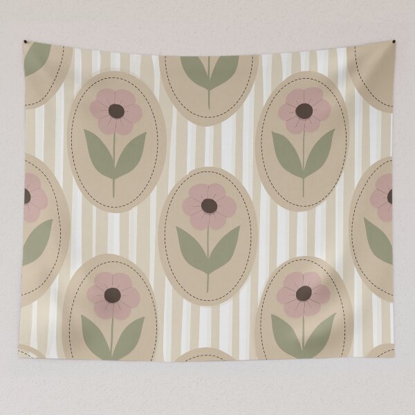 Item preview, Diseño de papel pintado floral escandinavo con estampado retro de rayas folclóricas designed and sold by Barelythere2324.