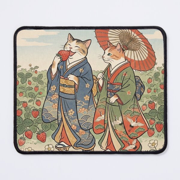 Item preview, Two Cats Picking Strawberries Under a Paper Umbrella — Neko no Ichigo Tsumi Bangasa Zu | Japanese Ukiyo-e Cat Art designed and sold by Ukiyo Neko Hyakkei - Cats of the Floating World-.