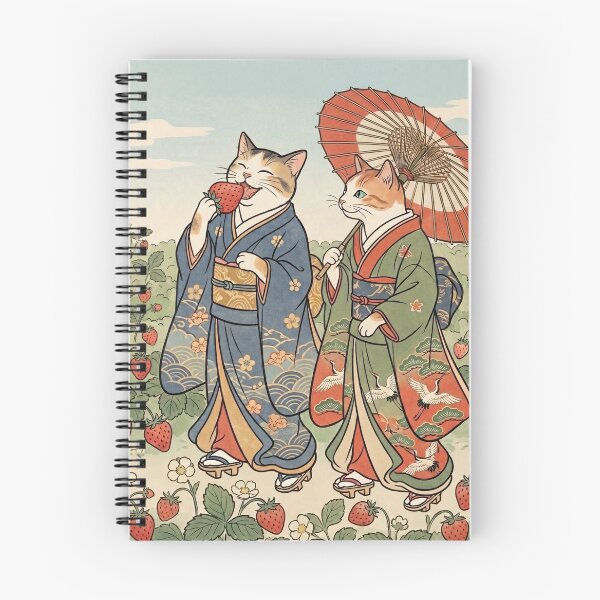 Item preview, Two Cats Picking Strawberries Under a Paper Umbrella — Neko no Ichigo Tsumi Bangasa Zu | Japanese Ukiyo-e Cat Art designed and sold by Ukiyo Neko Hyakkei - Cats of the Floating World-.