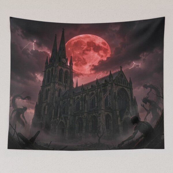 Item preview, Gothic Cathedral Under a Blood‑Red Moon with Shadow Figures and Storm‑Lit Atmosphere designed and sold by FotoworldEdel.