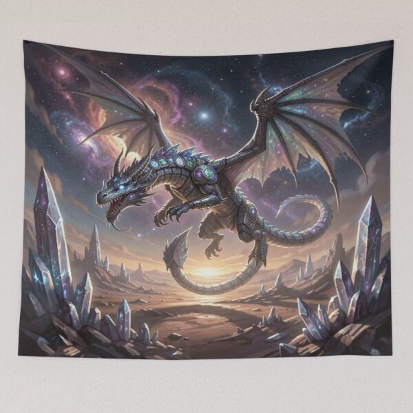 Item preview, Cosmic Dragon Flight over Crystal Peaks – Surreal Fantasy Art with Iridescent Energy and Epic Atmosphere designed and sold by FotoworldEdel.
