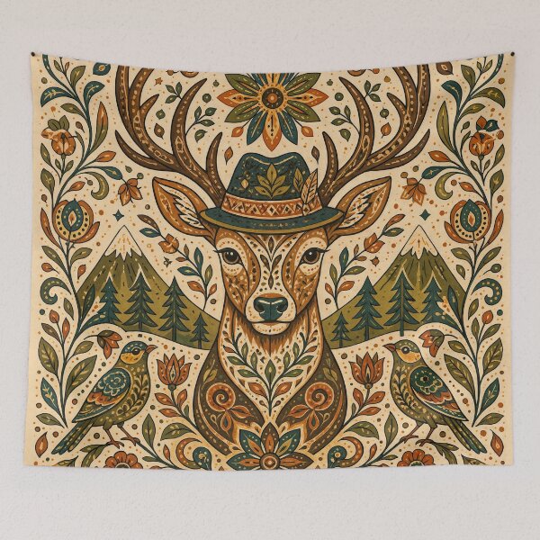 Item preview, Wall Art - Postcard - FOLK ART - Folk Deer Harmony – Nature’s Ornament designed and sold by ForeverPrintsOK.