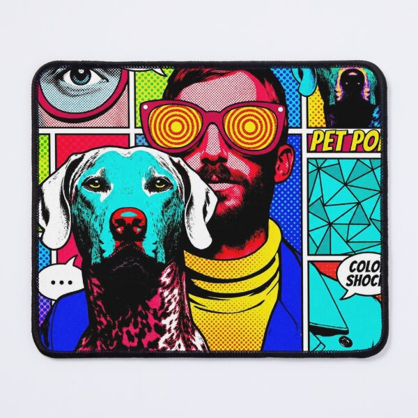 Item preview, Pop art graphic of a man with glasses and a dog, portrait of a colorful festival designed and sold by G-M-Designs.