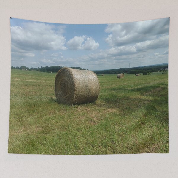 Item preview, Summer hay bales in a green field. designed and sold by MyHappyArtShop.