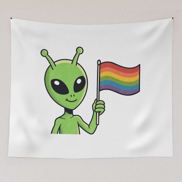 Item preview, Cute Green Alien Holding Pride Flag designed and sold by Anne97s.