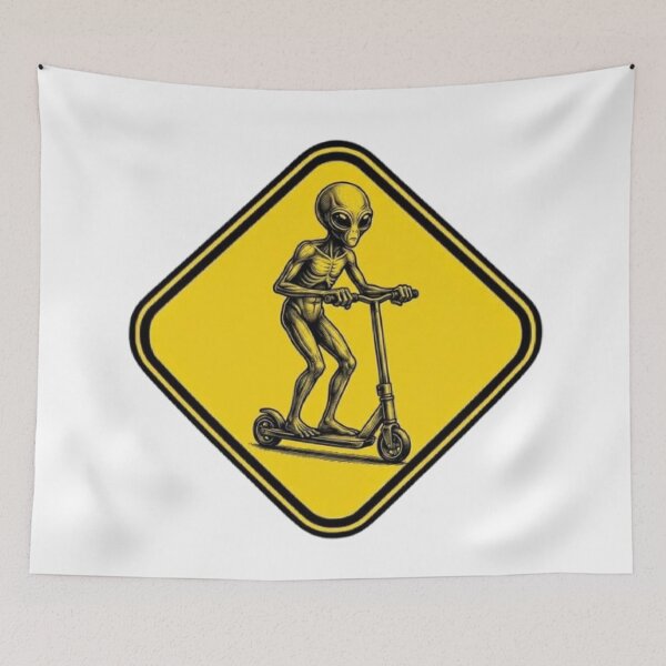 Item preview, Alien on Scooter Warning Sign | Funny Sci-Fi UFO Crossing Design designed and sold by MemesCreate1.