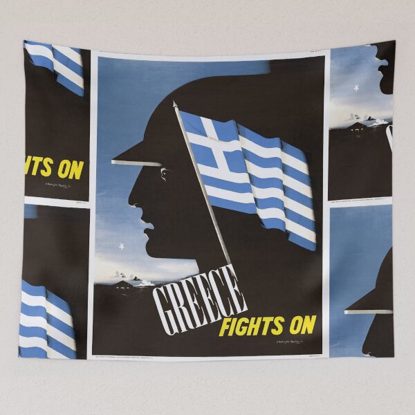 Item preview, WWII Propaganda Poster | Greece Fights On by E McKnight Kauffer | Greek Flag Silhouette Art | Historical Wall Decor & Gift designed and sold by artofuniverse.