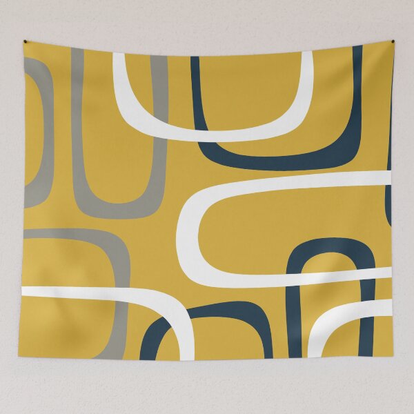 Item preview, Midcentury Modern Loops Retro Pattern in Mustard Yellow Navy Blue Gray White designed and sold by kierkegaard.